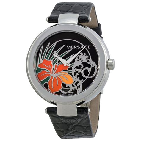 Versace Mystique Black Hibiscus Dial Black Leather Ladies 